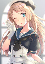 Rule 34 | 1girl, ;o, aqua eyes, black bow, blonde hair, blue sailor collar, blush, bow, collarbone, dress, gloves, hat, hat bow, head tilt, highres, jervis (kancolle), kanden sky, kantai collection, long hair, looking at viewer, one eye closed, sailor collar, solo, white dress, white gloves, white hat