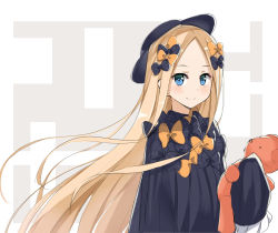 Rule 34 | 1girl, abigail williams (fate), bad id, bad pixiv id, black bow, black dress, black hat, blonde hair, blue eyes, blush, bow, closed mouth, commentary request, dress, fate/grand order, fate (series), forehead, hair bow, hat, highres, holding, holding stuffed toy, kohakope, long hair, long sleeves, looking at viewer, orange bow, parted bangs, polka dot, polka dot bow, sleeves past fingers, sleeves past wrists, smile, solo, stuffed animal, stuffed toy, teddy bear, very long hair