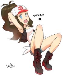 Rule 34 | 1girl, baseball cap, breasts, brown hair, creatures (company), denim, denim shorts, game freak, hat, highres, hilda (pokemon), long hair, looking at viewer, nintendo, nyonn24, one-hour drawing challenge, pokemon, pokemon bw, ponytail, short shorts, shorts, simple background, solo, vest, white background, wristband