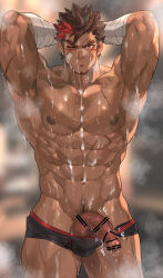 Rule 34 | 1boy, :o, abs, armpits, arms behind head, arms up, bandage on face, bandaged arm, bandages, bar censor, bara, blurry, blurry background, boxer briefs, brown hair, bulge, censored, dark skin, disembodied hand, facial hair, half-erect, highres, large pectorals, large penis, looking down, male focus, male underwear, measuring, multicolored hair, muscular, muscular male, nikism, nipples, one eye closed, original, paid reward available, pectorals, penis, penis measuring, red eyes, scar, solo focus, spiked hair, standing, streaked hair, sweat, tape measure, testicles, thighs, underwear