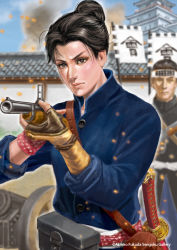 Rule 34 | 1boy, 1girl, aiming, androgynous, architecture, black hair, brown eyes, buttons, cannon, east asian architecture, gloves, gun, hair bun, holding, holding gun, holding weapon, official art, real life, sengoku gallery, single glove, solo focus, sword, weapon, yamamoto yae