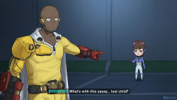 Rule 34 | 1boy, 1girl, aged down, bald, breikka, closed mouth, commentary, cosplay, d.va (overwatch), dark skin, doomfist (overwatch), english commentary, english text, formal, headphones, looking at another, meme, one-punch man, open mouth, overwatch, overwatch 1, overwatch 2, pointing, saitama (one-punch man), sassy lost child (meme), subtitled, suit, tatsumaki, twitter username, yellow suit