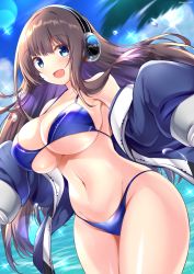 Rule 34 | 1girl, :d, armpits, azur lane, bikini, black hair, blue bikini, blue eyes, blue sky, blurry, breasts, cleavage, cloud, cloudy sky, collarbone, commentary request, depth of field, eyes visible through hair, headphones, highres, kamishiro (rsg10679), large breasts, leaning forward, long hair, long island (azur lane), looking at viewer, midriff, navel, ocean, open mouth, sidelocks, sky, sleeves past wrists, smile, solo, swimsuit, wide sleeves