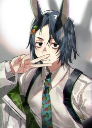 Rule 34 | 1boy, animal ears, bag, bags under eyes, black eyes, blue hair, blue necktie, blurry, blurry background, carrot hair ornament, carrot print, collared shirt, commentary, english commentary, food-themed hair ornament, food print, hair between eyes, hair ornament, hand up, kyouichi, long sleeves, looking at viewer, male focus, necktie, open mouth, original, rabbit ears, sanpaku, shirt, short hair, solo, swept bangs, upper body, v, v over mouth, white shirt