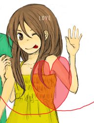 Rule 34 | 1girl, :p, ;p, bad id, bad pixiv id, brown eyes, brown hair, camisole, heart, long hair, mimoko, one eye closed, solo focus, tongue, tongue out, waving, wink