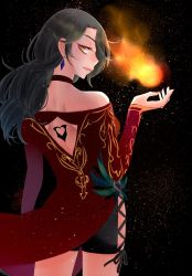 Rule 34 | 1girl, artist request, black hair, cinder fall, commentary request, dress, earrings, fire, jewelry, looking back, magic, nail polish, red dress, rwby, solo, star (symbol), starry background, yellow eyes