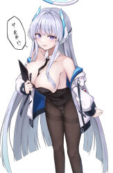Rule 34 | 1girl, absurdres, animal ears, between breasts, black leotard, black pantyhose, blue archive, blush, breasts, cleavage, collarbone, feet out of frame, grey hair, halo, hamu (hvmzld123), highres, jacket, large breasts, leotard, long hair, long sleeves, looking at viewer, mechanical halo, noa (blue archive), open clothes, open jacket, open mouth, pantyhose, simple background, solo, strapless, strapless leotard, white background, white jacket