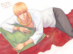 Rule 34 | 1boy, bad id, bad pixiv id, blonde hair, bracelet, casual, fate/zero, fate (series), gilgamesh (fate), jewelry, kamemushi, male focus, necklace, official alternate costume, pillow, red eyes, solo