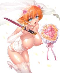 Rule 34 | 00s, 1girl, blonde hair, blue eyes, blush, bouquet, bow, bow panties, breasts, bridal gauntlets, bridal veil, bride, choker, cleavage, corset, dress, female focus, flower, from above, gown, hair flower, hair ornament, high heels, highres, holding, holding weapon, igawa sakura, kagami hirotaka, knife, lace, lace-trimmed legwear, lace trim, large breasts, lingerie, looking at viewer, naughty face, nipples, open mouth, panties, petals, pink bow, pink flower, pink rose, puffy nipples, rose, shiny skin, shoes, short hair, simple background, smile, solo, sword, tagme, taimanin (series), taimanin asagi, taimanin asagi kessen arena, thighhighs, thong, topless, underbust, underwear, underwear only, veil, wakizashi, weapon, white background, white choker, white footwear, white panties, white thighhighs, yandere, yellow flower, yellow rose