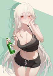 Rule 34 | 1girl, absurdres, ahoge, bare arms, bare shoulders, black camisole, black shorts, blush, bottle, breasts, camisole, chukibabo2, cleavage, commission, cowboy shot, crop top, dolphin shorts, double-parted bangs, drawstring, green background, grin, hair between eyes, hands up, highres, holding, holding bottle, korean text, large breasts, long bangs, long hair, looking at viewer, midriff, navel, orange eyes, original, shadow, short shorts, shorts, smile, solo, standing, strap slip, thick eyelashes, thigh gap, translation request, two-tone background, v, very long hair, white background, white hair