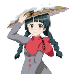 Rule 34 | 1girl, ajirogasa, black hair, blunt bangs, braid, brown hat, buttons, capelet, cato (monocatienus), clothes writing, dress, frilled hat, frills, grey dress, happy, hat, holding, holding clothes, holding hat, jizou, long hair, long sleeves, red capelet, red eyes, ribbon, simple background, single strap, smile, snow, touhou, twin braids, upper body, white background, yatadera narumi