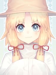 Rule 34 | &gt;:), 1girl, blonde hair, blue eyes, blush, brown hat, closed mouth, comic, gradient hair, hair ribbon, hands in opposite sleeves, hat, keemoringo, long hair, long sleeves, looking at viewer, lowres, moriya suwako, multicolored hair, outline, own hands together, parted bangs, red ribbon, ribbon, solo, tareme, touhou, turtleneck, upper body, v-shaped eyebrows, white outline, wide sleeves