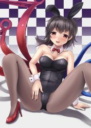 Rule 34 | 1girl, alternate costume, animal ears, asymmetrical wings, black hair, blush, bow, bowtie, breasts, brown pantyhose, checkered background, cleavage, detached collar, fake animal ears, gradient background, grey background, high heels, highres, houjuu nue, leotard, pantyhose, playboy bunny, purple background, rabbit ears, red bow, red bowtie, red eyes, sakatsu ohane, short hair, sitting, smile, solo, spread legs, thighs, tongue, tongue out, touhou, wings, wrist cuffs