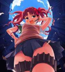 Rule 34 | 1girl, :3, armband, blue skirt, blue sky, blush, bow, breasts, brown vest, building, cloud, cloudy sky, cowboy shot, day, earpiece, flipped hair, from above, from below, green armband, hair bow, hair ornament, hand on own hip, hand on own ear, highres, judgment (toaru), light blush, long hair, looking at viewer, looking down, miniskirt, open mouth, outdoors, parted bangs, pink eyes, pleated skirt, red bow, red hair, school uniform, shirai kuroko, shirt, short sleeves, skirt, sky, small breasts, smile, solo, standing, thigh strap, thighhighs, thighs, toaru kagaku no railgun, toaru majutsu no index, tokiwadai school uniform, twintails, v-shaped eyebrows, vest, wavy hair, white shirt, yonabe