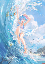 Rule 34 | 1girl, atdan, barefoot sandals (jewelry), bikini, blue bikini, blue eyes, blue hair, corrupted metadata, dress, haiyi, halterneck, highres, legs, no panties, open mouth, see-through, short hair, smile, solo, swimsuit, synthesizer v, water