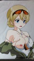 Rule 34 | 10s, 1boy, 1girl, blonde hair, blue eyes, blush, breasts, collarbone, cum, cum on body, cum on breasts, cum on upper body, darjeeling (girls und panzer), eyewear on head, girls und panzer, hasamimushi, highres, large breasts, nipples, one breast out, open clothes, open mouth, open shirt, paizuri, penis, scowl, shirt, simple background, sunglasses, swimsuit, tears, uncensored, white background
