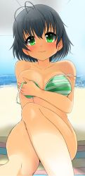 Rule 34 | 1girl, bad id, bad pixiv id, beach, bikini, black hair, blush, bottomless, breasts, cleavage, collarbone, convenient leg, covering privates, covering breasts, day, female focus, green bikini, green eyes, large breasts, looking at viewer, ocean, open bikini, open clothes, original, short hair, sitting, sky, solo, swimsuit, toichi