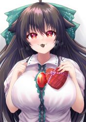 Rule 34 | 1girl, :3, ahoge, black hair, blush, bow, box, breasts, center frills, chocolate, closed mouth, collared shirt, commentary, english commentary, fang, fang out, fingernails, food in mouth, frilled shirt collar, frills, green bow, hair bow, heart, heart-shaped box, heart-shaped pupils, highres, holding, holding box, large breasts, long hair, looking at viewer, medium bangs, mouth hold, red eyes, reiuji utsuho, rion (user ufvg8527), shirt, smile, solo, symbol-shaped pupils, third eye, touhou, upper body, v-shaped eyebrows, white background, white shirt