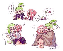 Rule 34 | 1boy, 1girl, :i, agent 3 (splatoon), agent 8 (splatoon), bike shorts, black shorts, blush, cellphone, chinese commentary, chinese text, closed eyes, feet, green hair, headgear, heart, high-visibility vest, holding, holding hands, holding phone, inkling, inkling boy, inkling player character, medium hair, motion lines, nintendo, nose blush, octoling, octoling girl, octoling player character, phone, pink eyes, pink hair, pointy ears, shared blanket, shirt, short hair, shorts, simple background, smartphone, smartphone case, speech bubble, splatoon (series), splatoon 2, splatoon 2: octo expansion, spoken heart, suction cups, t-shirt, thenintlichen96, thought bubble, translation request, white background, white shirt, yellow eyes, zzz