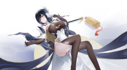 Rule 34 | 1girl, absurdres, armpits, ass, azur lane, bare shoulders, black hair, bodystocking, breasts, brown gloves, brown thighhighs, chen hai (azur lane), china dress, chinese clothes, chinese commentary, cleavage, closed mouth, commentary, dress, elbow gloves, gloves, hair between eyes, hair ornament, hei wuchang, highres, large breasts, long hair, lying, on back, pelvic curtain, pink eyes, sidelocks, simple background, skindentation, solo, staff, thighhighs, torn bodystocking, torn clothes, torn thighhighs, white background, white dress