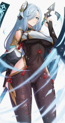 Rule 34 | 1girl, absurdres, black gloves, blue eyes, blush, bodysuit, braid, breasts, clothing cutout, covered navel, elbow gloves, genshin impact, gloves, hair ornament, hair over one eye, highres, hip vent, large breasts, long hair, long sleeves, looking at viewer, low-braided long hair, low-tied long hair, nail polish, partially fingerless gloves, polearm, puffy long sleeves, puffy sleeves, shenhe (genshin impact), shoulder cutout, silver hair, solo, sp123, spear, tabard, tassel, thighs, very long hair, weapon