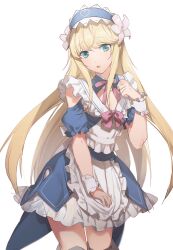 Rule 34 | 1other, apron, blonde hair, blue dress, blue eyes, chevalier d&#039;eon (fate), chevalier d&#039;eon (maid knight) (fate), cleavage cutout, clothing cutout, dress, fate/grand order, fate (series), flower, frilled dress, frills, hair flower, hair ornament, hairband, highres, long hair, looking at viewer, neck ribbon, no-kan, open mouth, ribbon, shoulder cutout, sidelocks, skirt, solo, swept bangs, thighs, waist apron, white skirt