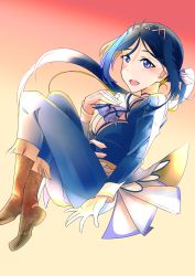 Rule 34 | 1girl, absurdres, artist name, artist request, blue hair, blue pants, blue shirt, blush, boots, brightest melody, female focus, floating, full body, highres, long hair, looking at viewer, love live!, love live! school idol festival, love live! sunshine!!, matsuura kanan, pants, parted lips, ponytail, purple eyes, ribbon, shirt, skirt, solo, tiara, white skirt, zakimpo