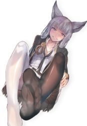 Rule 34 | 10s, 1girl, akieda, animal ears, asymmetrical legwear, black necktie, black skirt, black thighhighs, blue eyes, blush, dutch angle, erune, feet, foot focus, granblue fantasy, highres, jacket, korwa, legs, long hair, long sleeves, looking at viewer, loose necktie, mismatched legwear, necktie, no shoes, open clothes, open jacket, parted lips, pleated skirt, silver hair, simple background, sitting, skirt, smile, soles, solo, steam, thighhighs, toes, white background, white thighhighs
