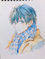 Rule 34 | 1boy, black hair, blue scarf, coat, doodles, highres, jacket, looking at viewer, makabe masamune, male focus, masamune-kun no revenge, notebook, scarf, simple background, sketch, solo, striped clothes, striped scarf, tiv, traditional media, white background, winter clothes, winter coat