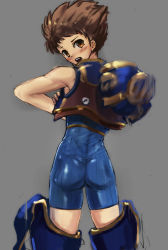 Rule 34 | 1boy, artist request, ass, bare shoulders, blush, bodysuit, boots, brown eyes, brown hair, from behind, highres, looking at viewer, looking back, male focus, nintendo, open mouth, rex (xenoblade), short hair, skin tight, solo, thigh boots, thighhighs, unitard, vest, xeno (series), xenoblade chronicles (series), xenoblade chronicles 2, xenoblade chronicles (series), xenoblade chronicles 2