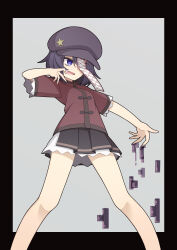 Rule 34 | 1girl, bare legs, black border, black hair, black skirt, border, breasts, cabbie hat, chinese clothes, commentary request, fang, feet out of frame, grey background, grey hat, hat, hat ornament, hekkmushi, highres, jiangshi, looking afar, medium bangs, miniskirt, miyako yoshika, mouth pull, ofuda, one eye covered, open mouth, pleated skirt, purple eyes, red shirt, shirt, short hair, short sleeves, skirt, small breasts, solo, standing, star (symbol), star hat ornament, tangzhuang, touhou