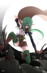 Rule 34 | 10s, 1girl, absurdres, arrow (projectile), asymmetrical sleeves, bad id, bad pixiv id, battle, blood, boots, bow (weapon), colored skin, corpse, crossbow, death, full body, gloves, goblin, goblin slayer!, green eyes, green hair, green skin, half-closed eyes, high elf archer (goblin slayer!), highres, hip vent, knife, lying, open mouth, pointy ears, robe, sharp teeth, shorts, sidelocks, sleeveless, solo focus, teeth, tongue, tongue out, uneven sleeves, weapon