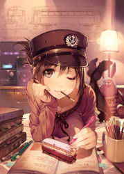 Rule 34 | 1girl, bed, blueprint (object), blurry, book, breasts, brown eyes, brown hair, cup, depth of field, face, food, hat, kirenenko (usavich), lamp, lips, lying, medium breasts, mouth hold, mug, on stomach, one eye closed, original, pantyhose, pen, pocky, revision, short hair, solo, stereo, stuffed toy, toy, train, uniform, usavich, vania600, wink
