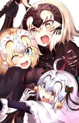 Rule 34 | absurdres, ahoge, armor, bell, black gloves, blonde hair, blue eyes, blush, chain, cowboy shot, fang, fate/grand order, fate (series), from behind, from side, gauntlets, gloves, headgear, highres, holding, holding weapon, hug, jeanne d&#039;arc (fate), jeanne d&#039;arc alter (avenger) (fate), jeanne d&#039;arc alter (fate), jeanne d&#039;arc alter santa lily (fate), multiple girls, one eye closed, open mouth, ranf, round teeth, short hair, sword, teeth, weapon, white hair, yellow eyes