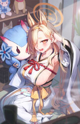Rule 34 | 1girl, :d, absurdres, animal ears, arm up, armpits, bare shoulders, blonde hair, blue archive, blurry, blush, breasts, character doll, chise (blue archive), detached sleeves, extra ears, eyeshadow, fox ears, fox girl, hair ornament, hair over one eye, hairband, hakama, halo, highres, holding, indoors, japanese clothes, kaho (blue archive), kimono, large breasts, light brown hair, long sleeves, looking at viewer, makeup, mole, mole under mouth, open mouth, orange halo, pink eyeshadow, relfit, short eyebrows, sideboob, sleeveless, sleeveless kimono, smile, solo, white hakama, white kimono, yellow hairband