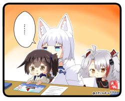 Rule 34 | ..., 3girls, animal ears, antenna hair, aqua eyes, azur lane, black eyes, black hair, blunt bangs, brown eyes, child&#039;s drawing, commentary request, cross, crossed legs, detached sleeves, drawing (object), fox ears, fox girl, fox tail, grey hair, hair between eyes, hair ornament, historical name connection, holding, holding paper, iron cross, japanese clothes, kaga (battleship) (azur lane), kaga (kancolle), kantai collection, kitsune, kyuubi, little prinz eugen (azur lane), long hair, long sleeves, looking at viewer, multiple girls, multiple tails, name connection, paper, parted lips, reading, short hair, side ponytail, sidelocks, signature, simple background, speech bubble, table, tail, taisa (kari), tasuki, twitter username, two side up, white hair, wide sleeves