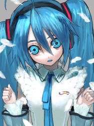 Rule 34 | 1girl, ahoge, blue eyes, blue hair, blue nails, blue neckwear, collared shirt, detached sleeves, falling feathers, feathers, grey background, hair between eyes, hands up, hatsune miku, hatsune miku (nt), korpokkur kne, long hair, looking at viewer, nail polish, open mouth, piapro, shadow, shirt, simple background, sleeveless, sleeveless shirt, solo, vocaloid, white feathers, white shirt