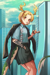 Rule 34 | 1girl, antlers, blonde hair, cigarette, city, day, feet out of frame, haido (unisan), highres, horns, kicchou yachie, looking at viewer, mouth hold, outdoors, red eyes, short hair, skirt, smoking, solo, standing, tail, tattoo, touhou