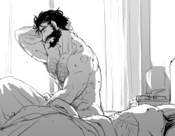 Rule 34 | 2boys, afterglow, arm hair, bara, beard, bed sheet, bruise, chest hair, couple, cowboy hat, curtains, facial hair, foot out of frame, graves (league of legends), hair slicked back, hairy, hand on own neck, hat, hickey, injury, karipaku, large pectorals, league of legends, long hair, male focus, male pubic hair, mature male, multiple boys, muscular, muscular male, mustache, naked sheet, navel, navel hair, nipples, nude, out of frame, pectorals, pubic hair, pubic hair peek, short hair, sitting, sleeping, solo focus, sunlight, thick eyebrows, twisted fate, waking up, yaoi