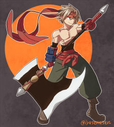 Rule 34 | 1boy, axe, brown eyes, brown hair, disgaea, full body, gloves, grey background, headband, male focus, male warrior (disgaea), muscular, pants, topless male, shoes, smile, solo, standing, twitter username, weapon, yu (kaburimono ex)