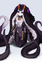 Rule 34 | 1girl, absurdly long hair, absurdres, black hair, black sclera, black skin, breasts, closed mouth, colored sclera, colored skin, commentary request, completely nude, ekrea jan, extra eyes, full body, highres, horizontal pupils, horns, kneeling, long hair, looking at viewer, medium breasts, monster girl, multicolored skin, navel, nude, original, purple eyes, raised eyebrows, simple background, solo, suction cups, tentacle hair, tentacles, very long hair, white background, white skin