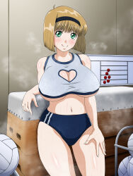 Rule 34 | 1girl, absurdres, akaokami, ball, blonde hair, blush, breasts, buruma, cleavage, cleavage cutout, clothing cutout, commentary request, commission, crop top, green eyes, gym equipment, gym storeroom, gym uniform, hairband, hand on own thigh, highres, hosokawa miki, indoors, jigoku sensei nube, large breasts, leaning on object, looking at viewer, navel, pixiv commission, short hair, sleeveless, smile, solo, steam, steaming body, stomach, sweat, thighs, underboob, very sweaty, volleyball (object)