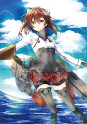 Rule 34 | 10s, 1girl, bad id, bad pixiv id, bike shorts, bow (weapon), brown eyes, brown hair, crossbow, flat chest, headband, headgear, kantai collection, machinery, pleated skirt, short hair, skirt, solo, taihou (kancolle), thighhighs, weapon, yuihira asu