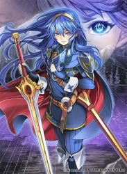 Rule 34 | 1girl, belt, blue eyes, blue hair, cape, closed mouth, company name, copyright name, falchion (fire emblem), fingerless gloves, fire emblem, fire emblem awakening, fire emblem cipher, gloves, holding, holding sword, holding weapon, long hair, long sleeves, lucina (fire emblem), mask, nintendo, official art, scabbard, sheath, solo, sword, tiara, toyo sao, weapon