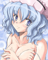 Rule 34 | 1girl, bare shoulders, blue eyes, blue hair, breasts, cleavage, female focus, flx, hat, heart, large breasts, lowres, matching hair/eyes, merlin prismriver, solo, strap slip, touhou, wet