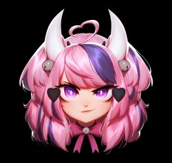 Rule 34 | 1girl, ahoge, bell, black background, bow, commentary, english commentary, hair bell, hair ornament, head only, heart, heart ahoge, heart hair, highres, horns, ironmouse, multicolored hair, neck bell, pink bow, pink hair, portrait, purple hair, smile, smirk, solo, streaked hair, theartgun, twitter, virtual youtuber, vshojo, watermark