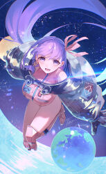 1girl bare_legs bb_cosmo_(fate) breasts earth_(planet) fate/grand_order fate_(series) fomnant gloves grey_gloves hair_ribbon highres in_orbit jumpsuit large_breasts leotard long_hair looking_at_viewer moon open_mouth pink_footwear pink_jumpsuit pink_leotard pink_ribbon planet purple_eyes purple_hair ribbon shrug_(clothing) sky solo space spacesuit star_(sky) starry_sky very_long_hair zero_gravity