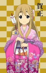 Rule 34 | 1girl, arrow (projectile), checkered background, ema, floral print, furisode, hamaya, happy new year, japanese clothes, k-on!, kimono, kotobuki tsumugi, nekonopapa, new year, obi, sash, seigaiha, shippou (pattern), solo
