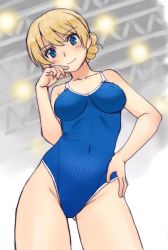 Rule 34 | 10s, 1girl, blonde hair, blue eyes, blue one-piece swimsuit, blurry, blurry background, braid, breasts, closed mouth, commentary request, contrapposto, covered navel, cowboy shot, darjeeling (girls und panzer), depth of field, girls und panzer, gluteal fold, hand on own hip, head tilt, looking at viewer, medium breasts, one-piece swimsuit, school swimsuit, short hair, smile, solo, standing, swept bangs, swimsuit, thighs, twin braids, uona telepin