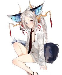 Rule 34 | 1girl, animal ear fluff, animal ears, arms at sides, bad id, bad twitter id, bare legs, black footwear, blade &amp; soul, blue eyes, bottomless, braid, buttons, closed mouth, dress shirt, drill hair, flat chest, french braid, hair ornament, highres, horns, long sleeves, looking at viewer, lyn (blade &amp; soul), naked shirt, naru (ul), necktie, no bra, open clothes, open shirt, original, parted bangs, ponytail, red necktie, shirt, shoes, simple background, sitting, solo, tail, tassel, white background, white hair, white shirt